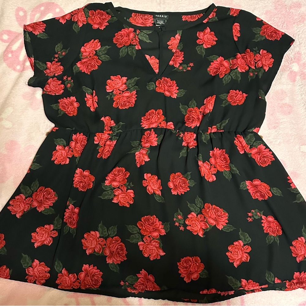 Torrid Black and Red Floral Blouse
